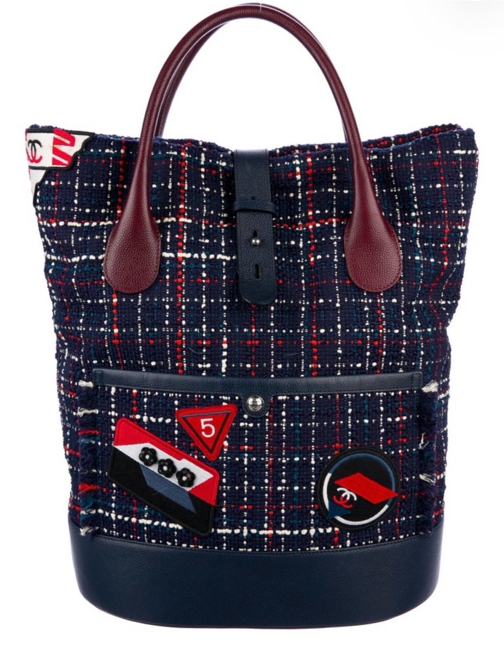 CHANEL Navy Tweed Tote with Red & White Patch Accents